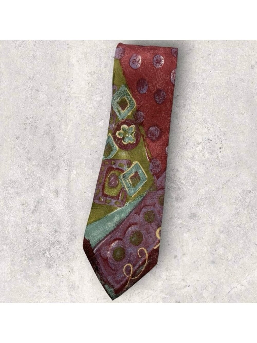 CANALI VINTAGE Silk Tie ITALY  Burgundy Green Purple Geometric Floral W:4" EUC